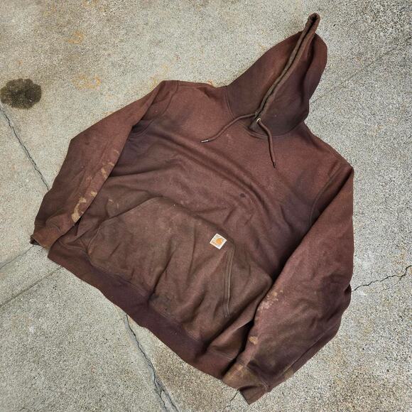 Vtg CARHARTT Box Logo Patch Earthtone Distressed Workwear Hooded Sweatshirt XL - Picture 2 of 6